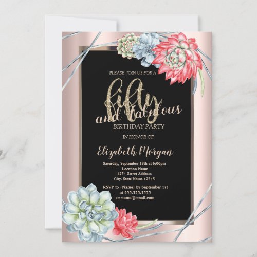 Watercolor Red Succulents Rose Gold 50th Birthday  Invitation