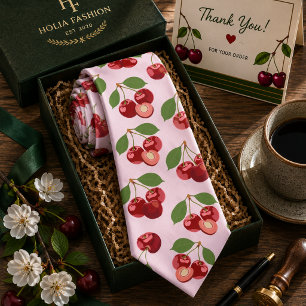 Watercolor Red Sweet Cherry Pattern Neck Tie