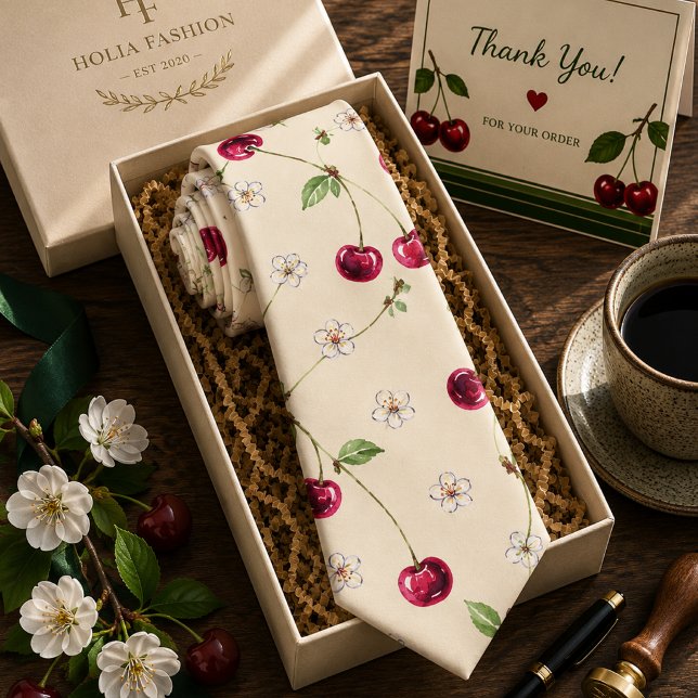 Watercolor Red Sweet Cherry Pattern Neck Tie (Creator Uploaded)