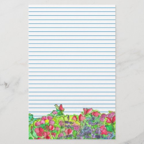 Watercolor Red Sweet Peas Blue Lined Stationery