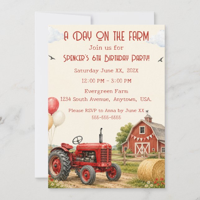 Watercolor Red Tractor Birthday Invitation Farm  (Front)
