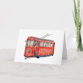 Watercolor red trolley car greeting card