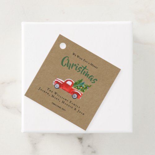Watercolor Red Truck and Tree Name Christmas Round Favor Tags