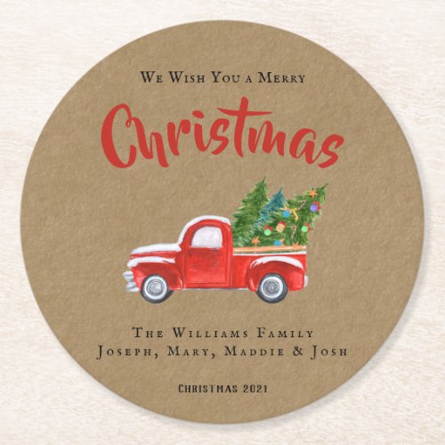 Watercolor Red Truck and Tree Name Christmas Round Round Paper Coaster