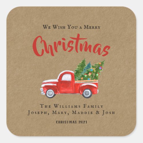 Watercolor Red Truck and Tree Name Christmas  Square Sticker