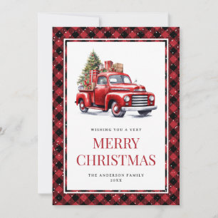 Watercolor Red Truck Buffalo Plaid Christmas Holiday Card