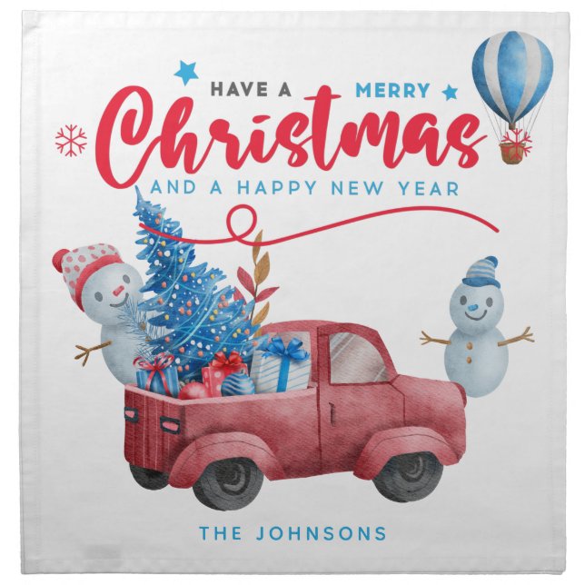 Watercolor Red Truck Christmas Cloth Napkin (Front)