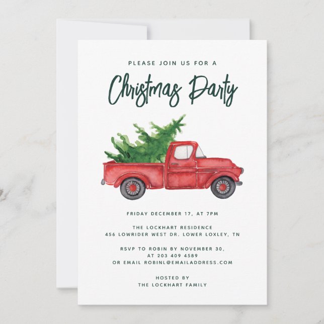 Watercolor Red Truck Christmas Holiday Party Invitation (Front)