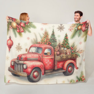 Watercolor Red Truck Christmas Motifs Holiday Fleece Blanket
