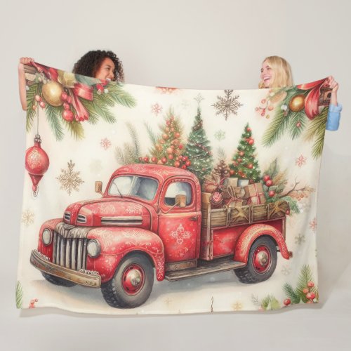 Watercolor Red Truck Christmas Motifs Holiday Fleece Blanket