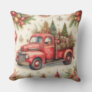 Watercolor Red Truck Christmas Motifs Holiday Throw Pillow