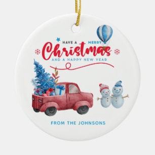 Watercolor Red Truck Christmas Photo Ceramic Ornament