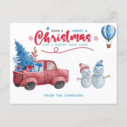 Watercolor Red Truck Christmas Scene Holiday
