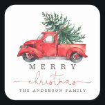 Watercolor Red Truck & Christmas Tree Favor Square Sticker<br><div class="desc">This vintage inspired sticker features gorgeous watercolor illustration of a red truck carrying a pine tree. The text fields are fully editable except for the word "Christmas". Simply remove this word by clicking the delete button and add your own text if you require a different word.</div>