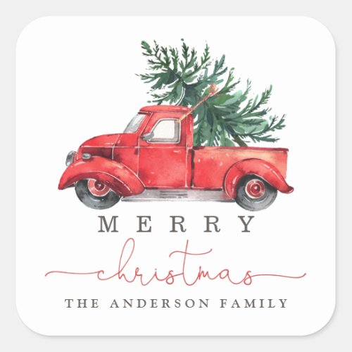 Watercolor Red Truck  Christmas Tree Favor Square Sticker