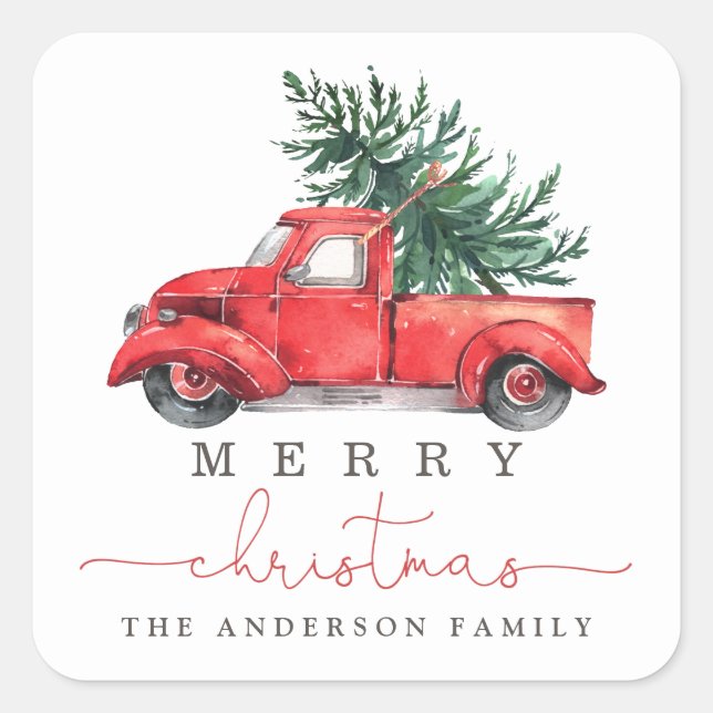 Watercolor Red Truck & Christmas Tree Favor Square Sticker (Front)