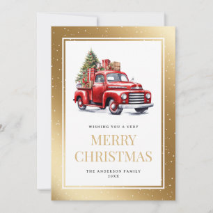 Watercolor Red Truck Gold Snowy Christmas Holiday Card