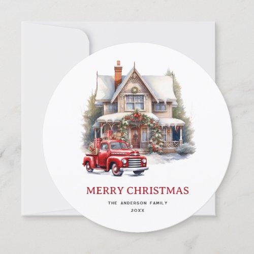 Watercolor Red Truck House Merry Christmas Card