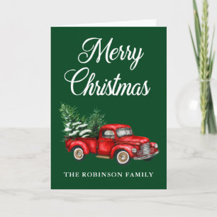 Watercolor Red Truck Merry Christmas Green Fold Card