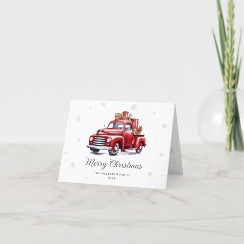 Watercolor Red Truck Photo Merry Christmas Holiday Card