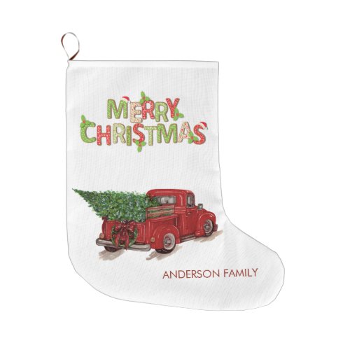 Watercolor Red Truck Pine Tree Merry Christmas Large Christmas Stocking