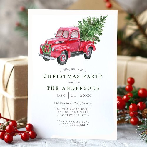 Watercolor Red Truck Retro Christmas Party Invitation