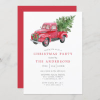 Watercolor Red Truck Retro Christmas Party Invitation