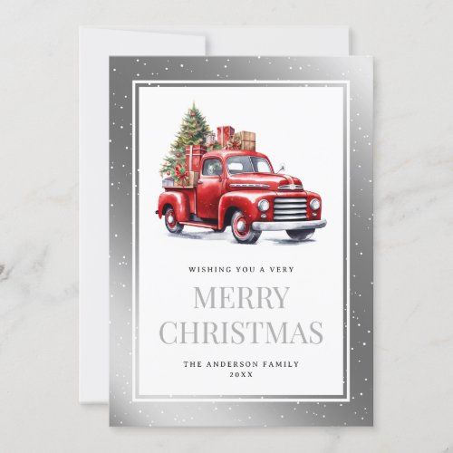 Watercolor Red Truck Silver Snowy Christmas Holiday Card