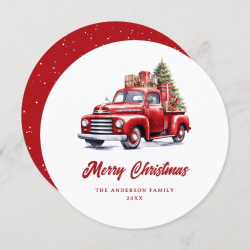 Watercolor Red Truck Snow Merry Christmas Card