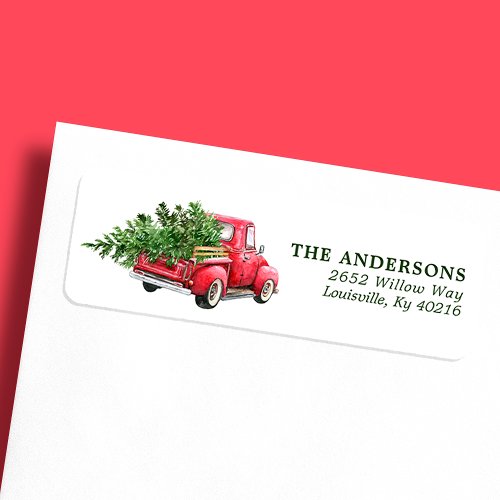 Watercolor Red Truck Vintage Christmas Address Label
