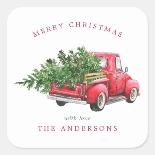 Watercolor Red Truck Vintage Christmas Square Sticker