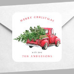 Watercolor Red Truck Vintage Christmas Square Sticker<br><div class="desc">Watercolor Red Truck Vintage Christmas Square Sticker</div>
