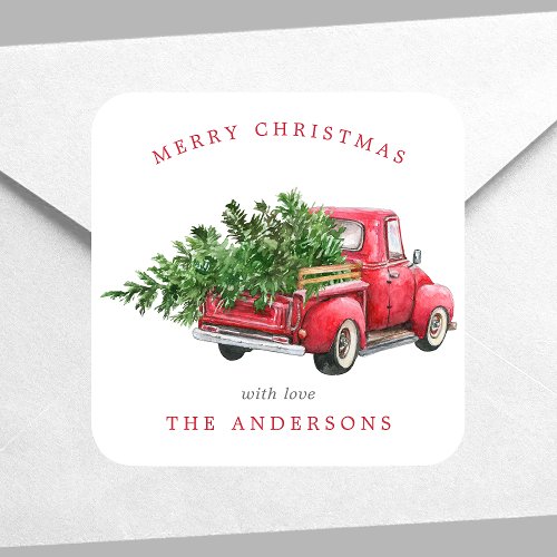 Watercolor Red Truck Vintage Christmas Square Sticker