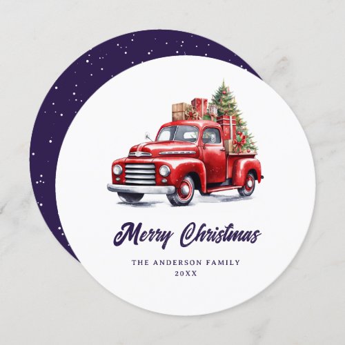 Watercolor Red Truck Violet Merry Christmas Card