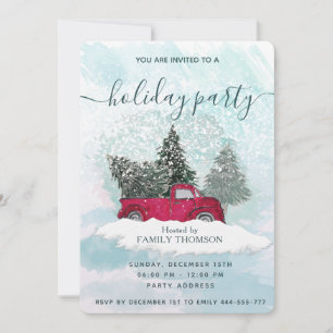Watercolor red truck winter scene holiday party invitation