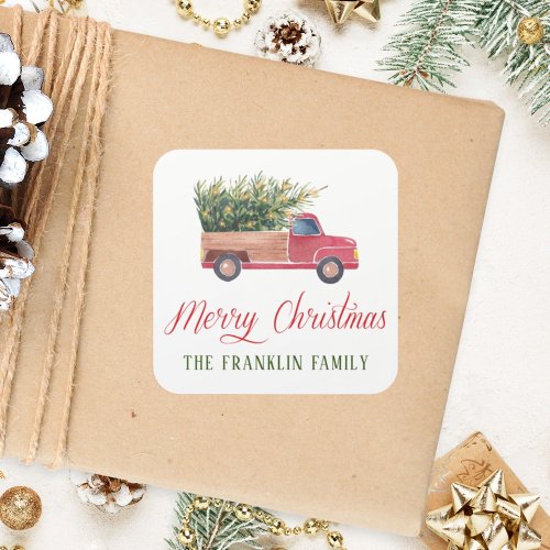 Watercolor Red Truck With Christmas Tree Gift Square Sticker