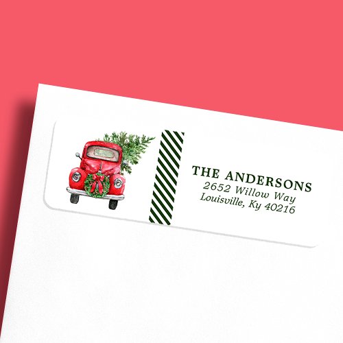 Watercolor Red Truck Wreath Christmas Address Label
