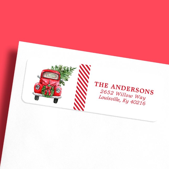 Watercolor Red Truck Wreath Christmas Address Label (Creator Uploaded)