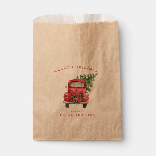 Watercolor Red Truck Wreath Christmas Favor Bag (Front)