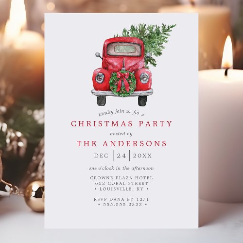 Watercolor Red Truck Wreath Christmas Party Invitation