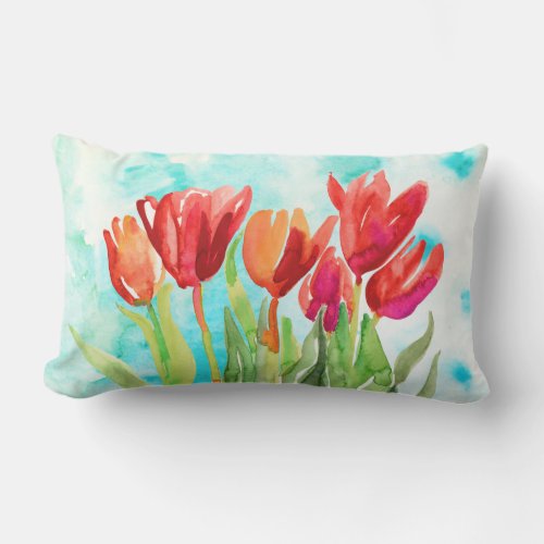 Watercolor Red Tulip on Aqua Throw Pillow
