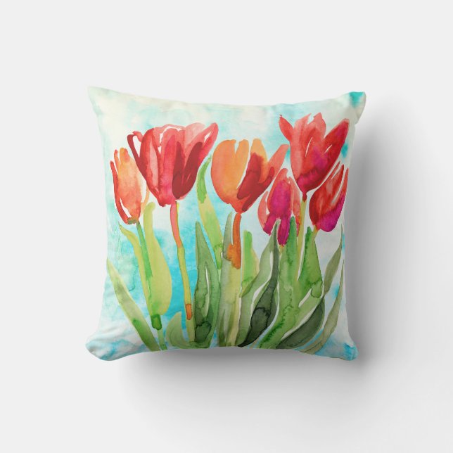 Watercolor Red Tulip on Aqua Throw Pillow (Front)