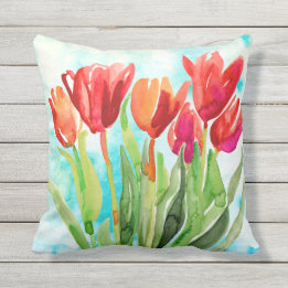 Watercolor Red Tulip on Aqua Throw Pillow