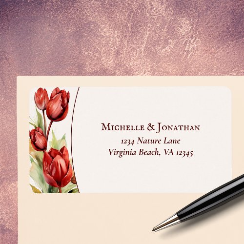 Watercolor Red Tulip Spring Floral Wedding Address Label