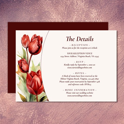 Watercolor Red Tulip Spring Floral Wedding Details Enclosure Card
