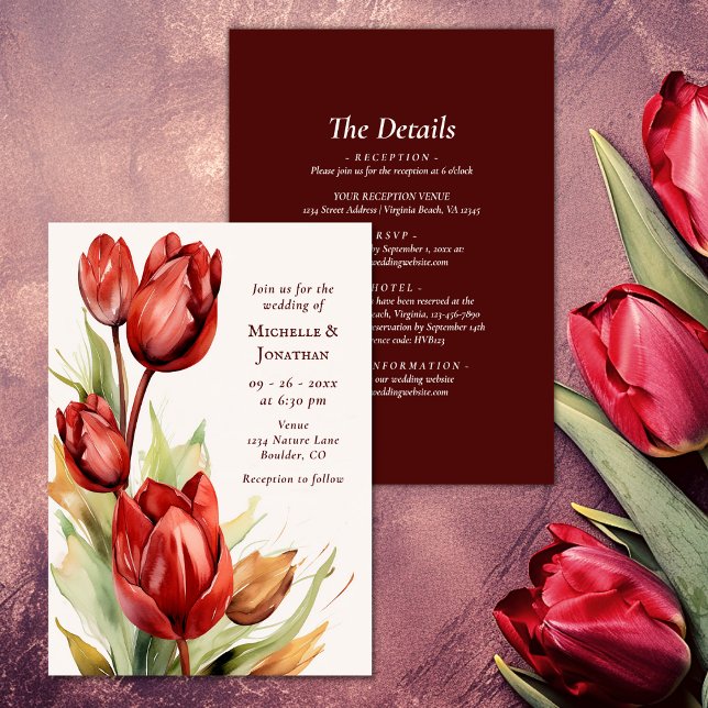 Watercolor Red Tulips Spring All In One Wedding Invitation (Watercolor Red Tulips Spring All In One Wedding Invitation)