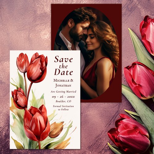 Watercolor Red Tulips Spring Floral Photo Wedding Save The Date