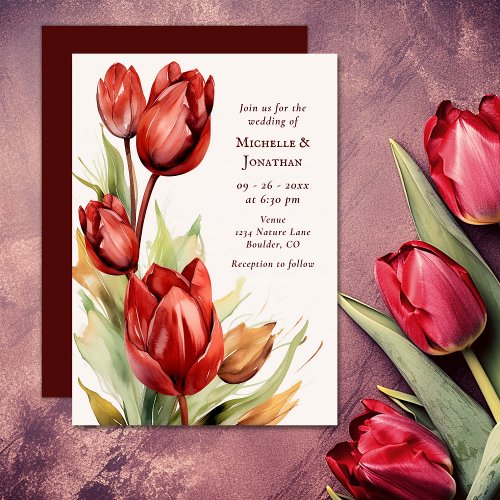 Watercolor Red Tulips Spring Floral Wedding Invitation