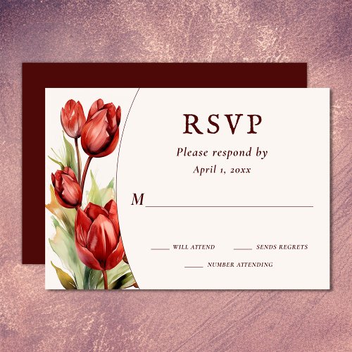 Watercolor Red Tulips Spring Floral Wedding RSVP Card