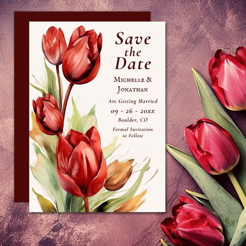 Watercolor Red Tulips Spring Floral Wedding Save The Date